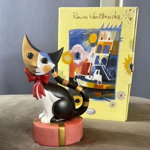 Goebel Angela Cat Figurine Musical Cat on Giftbox RARE by Rosina Wachtmeister - Picture 1 of 12